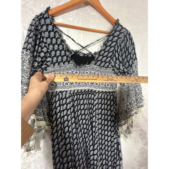 Free People Mini Dress Small PETITE Black Blue Flare Sleeve Fringe Heart of Gold - Picture 11 of 12